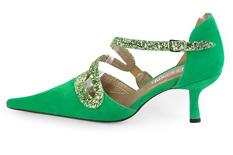 Emerald green women's open side shoes, with snake-shaped straps. Pointed toe. High slim heel. Profile view - Florence KOOIJMAN